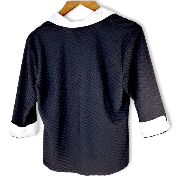 Notations Black & White Long Sleeve Blouse Top Contrast Lapel Collar Cuffs Sz M - Picture 3 of 9